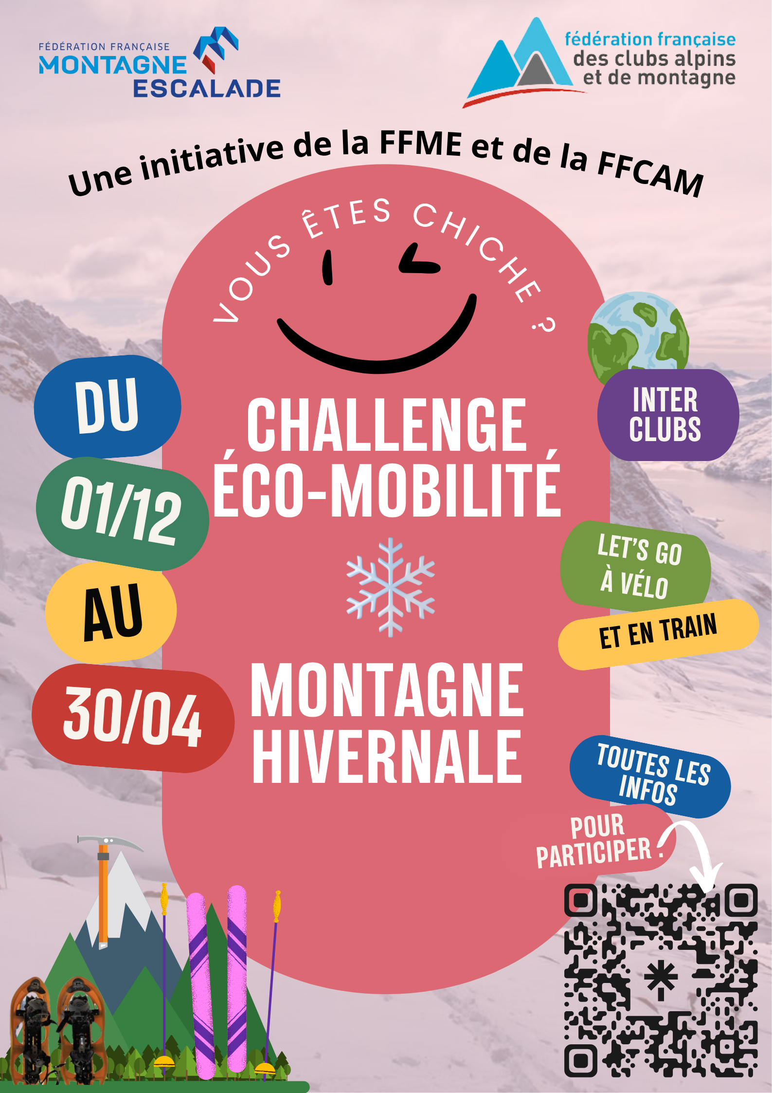 Affiche challenge eco-mobilité montagne hivernale du 1er décembre 2025 au 30 avril 2026